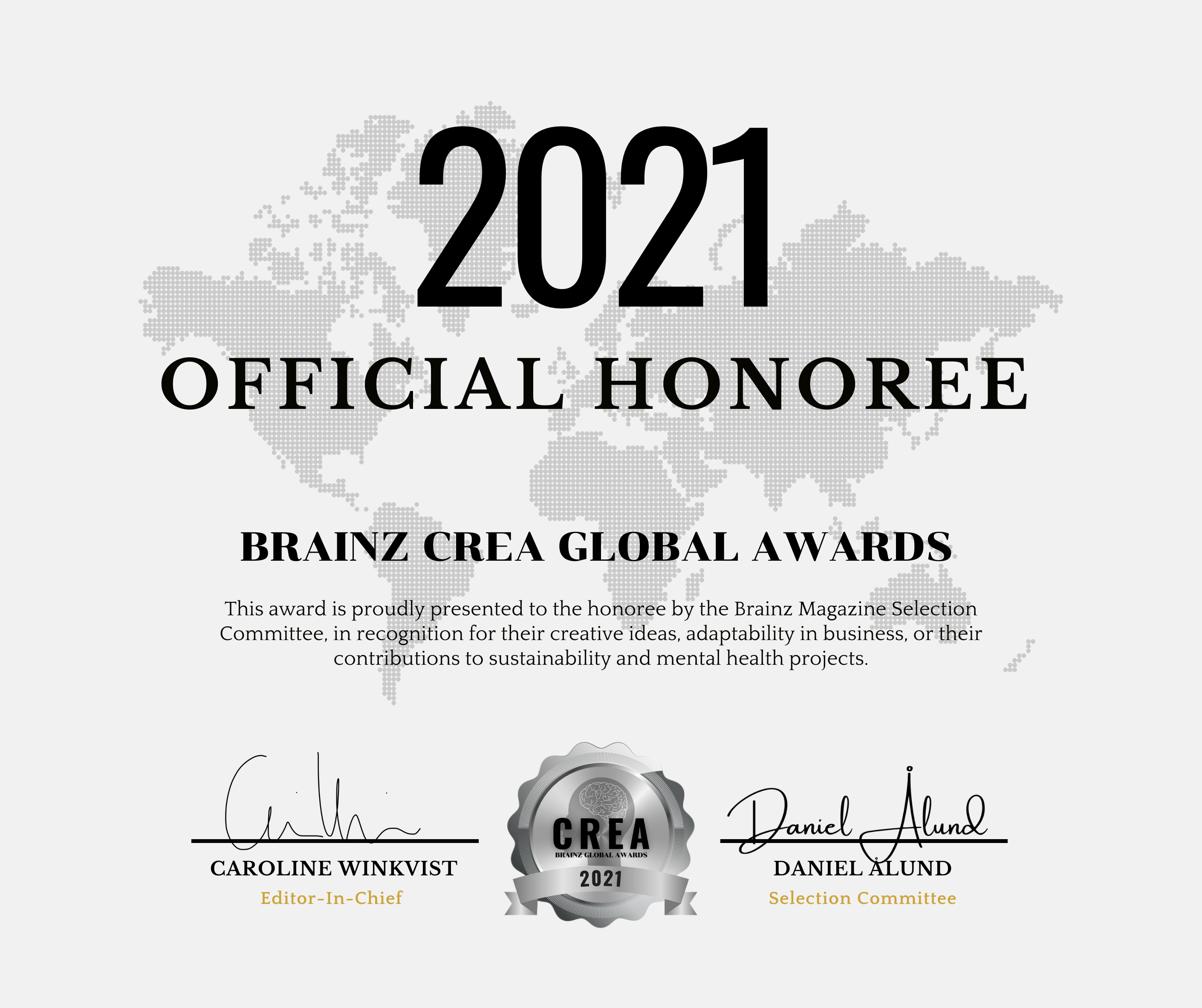 Brainz Magazine awards Gina Gardiner a 'CREA Global Award 2021